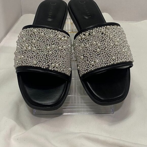 Journee Collection Pearl Embellished Slide Sandals Black Size 12 - Picture 2 of 16
